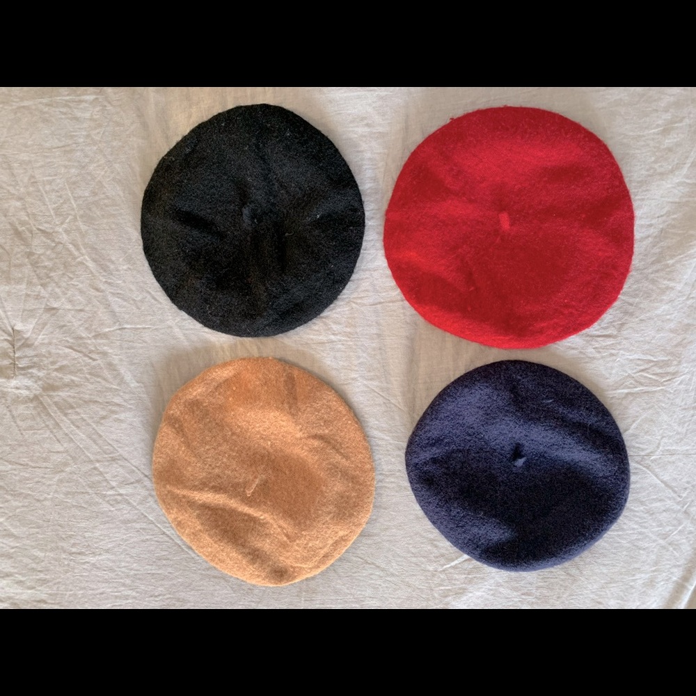 4 French baret hats: tan, black, raspberry, navy and 4 silk scarves